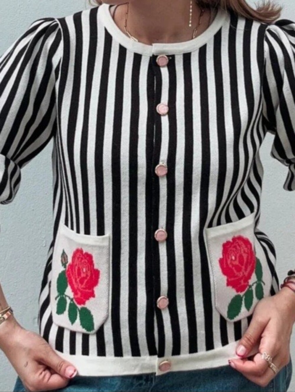 JODIFL Striped w/Floral Detail Sweater/Cardigan, NWT, S, GORGEOUS🖤🤍🩷